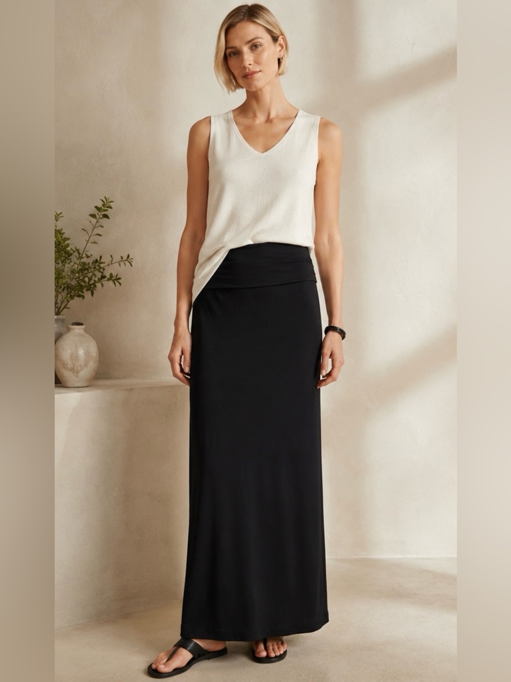 Eileen Fisher Black Foldover Waist Stretch Jersey Maxi Skirt L